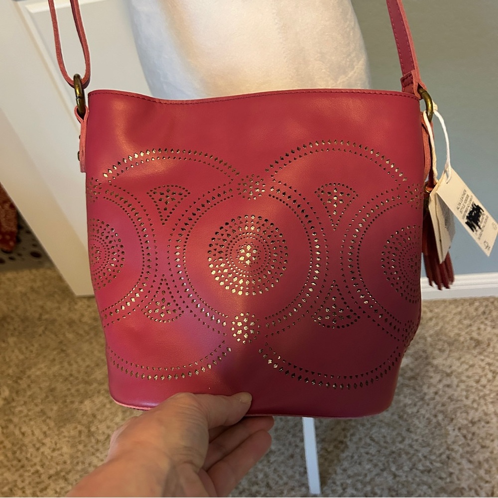 THE SAK Alta Leather Pink Bucket Crossbody Bag with Perforated Design NEW
